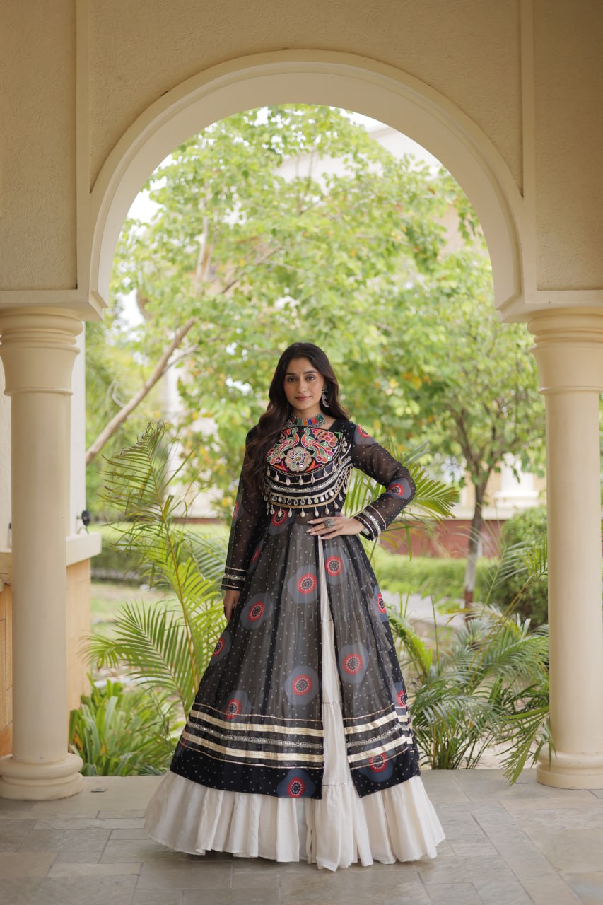 Black Bandhani Kurti with Lehenga ClothsVilla
