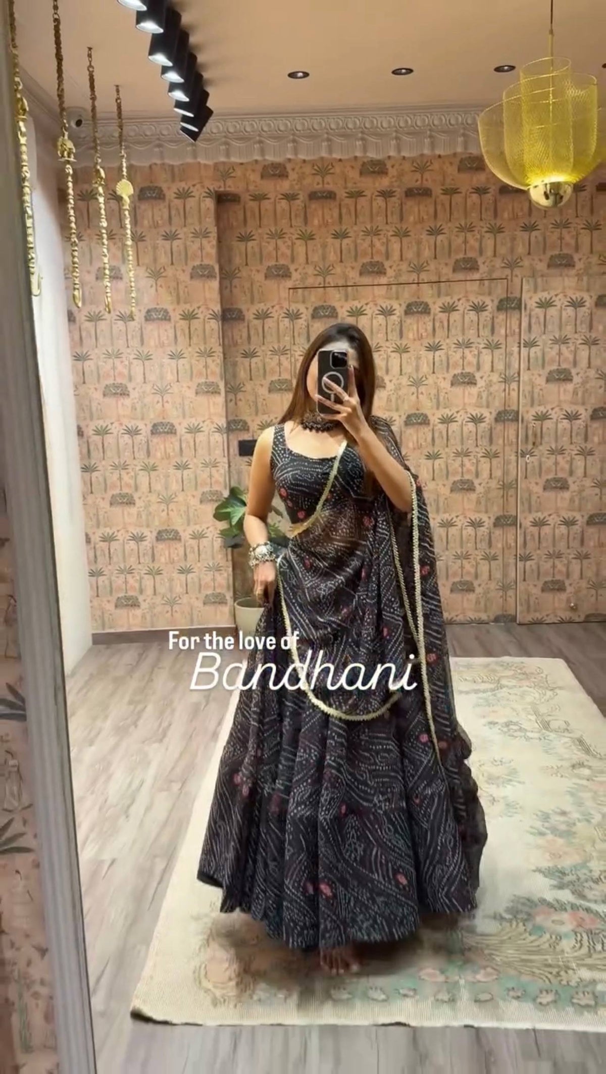 Black Bandhani Print Faux Georgette Lehenga Choli Set with Dupatta –Navratri Special Festive Wear ClothsVilla Main image
