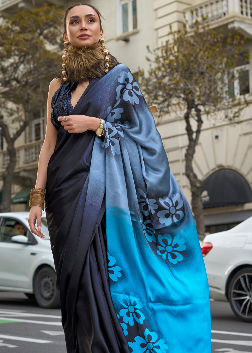 Black & Blue Elegant Satin Crepe Saree – A Perfect Blend of Luxury & Grace ClothsVilla
