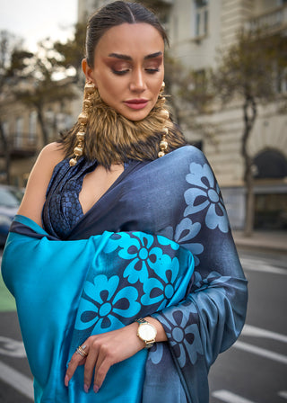 Black & Blue Elegant Satin Crepe Saree – A Perfect Blend of Luxury & Grace ClothsVilla