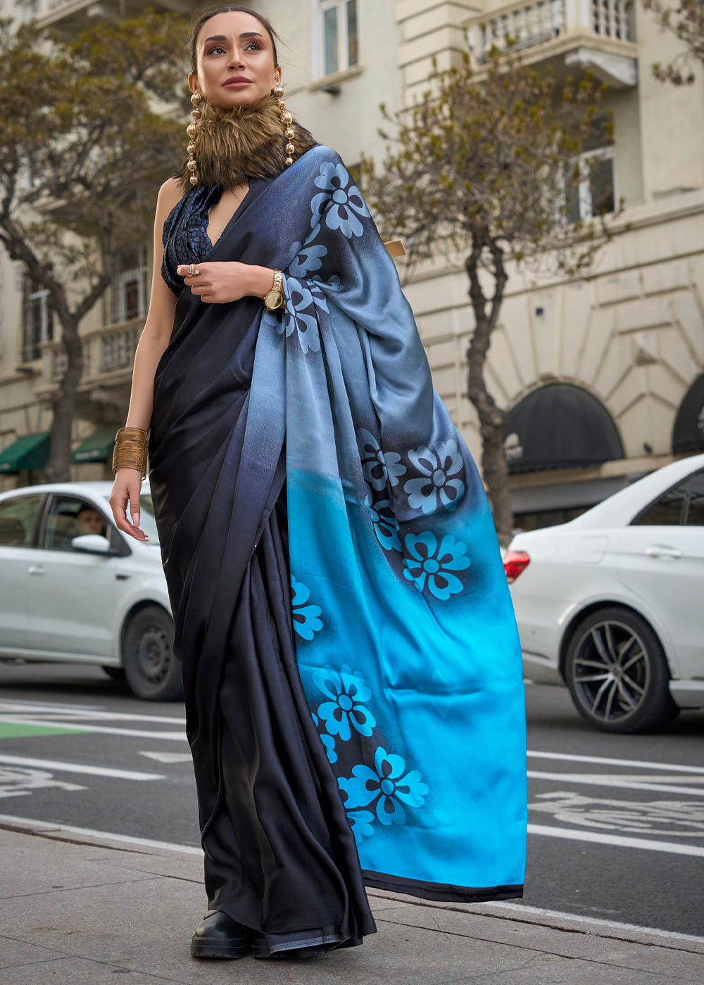 Black & Blue Elegant Satin Crepe Saree – A Perfect Blend of Luxury & Grace ClothsVilla Main image