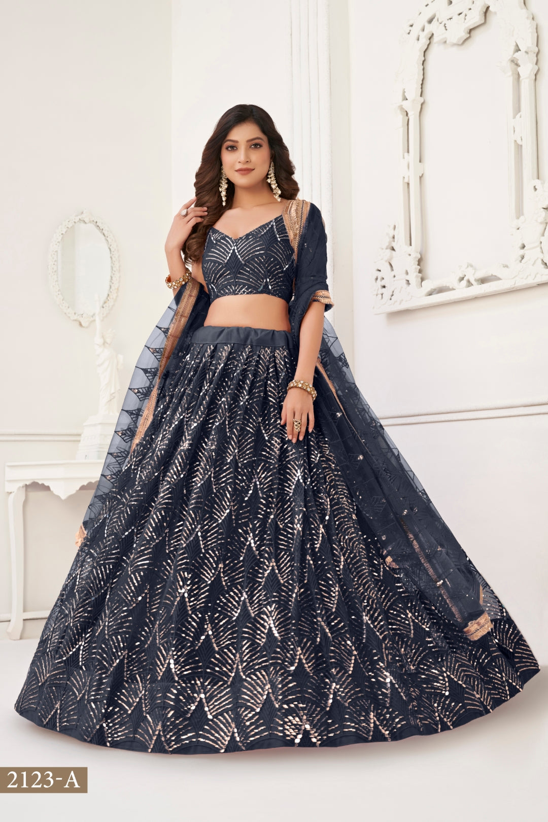 Black Butterfly Net Lehenga with Tone-to-Tone Thread Work and Mirror Embroidery ClothsVilla