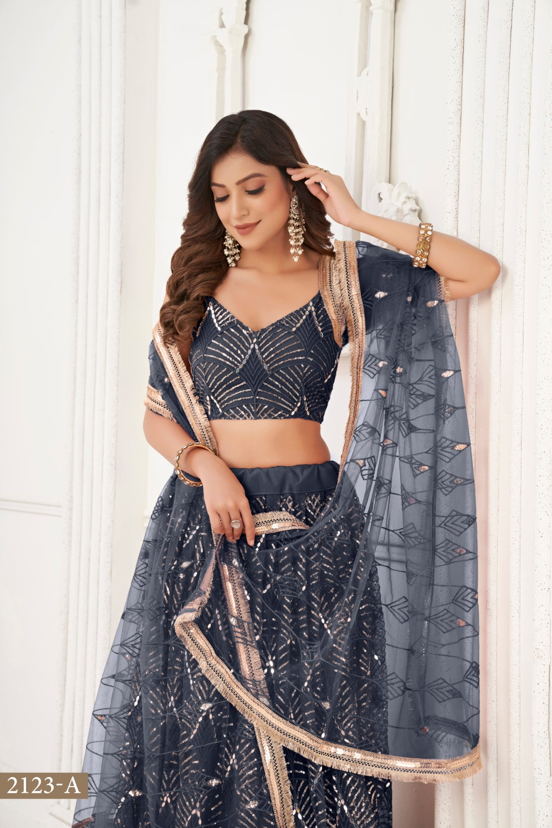 Black Butterfly Net Lehenga with Tone-to-Tone Thread Work and Mirror Embroidery ClothsVilla