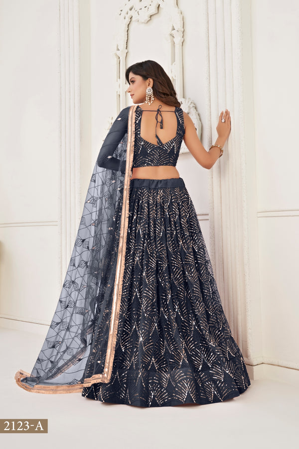 Black Butterfly Net Lehenga with Tone-to-Tone Thread Work and Mirror Embroidery ClothsVilla