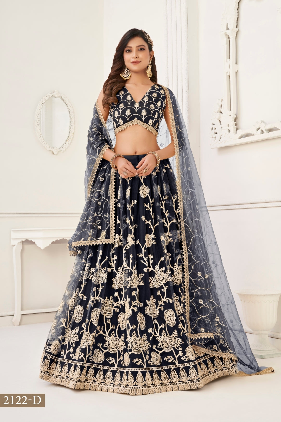 Black Butterfly Net Lehenga with White Cotton Thread Work and Sequence Embroidery Clothsvilla