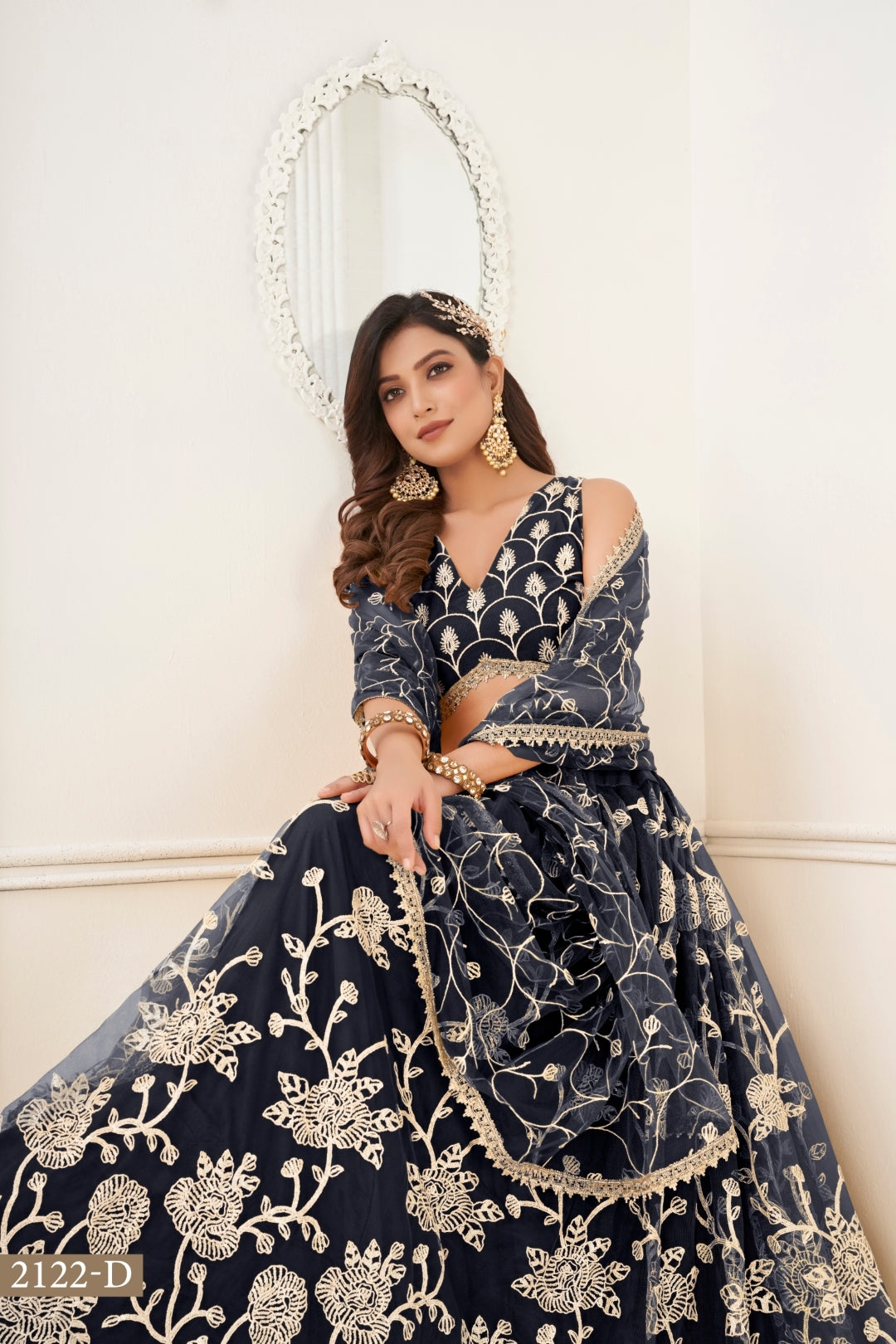 Black Butterfly Net Lehenga with White Cotton Thread Work and Sequence Embroidery Clothsvilla