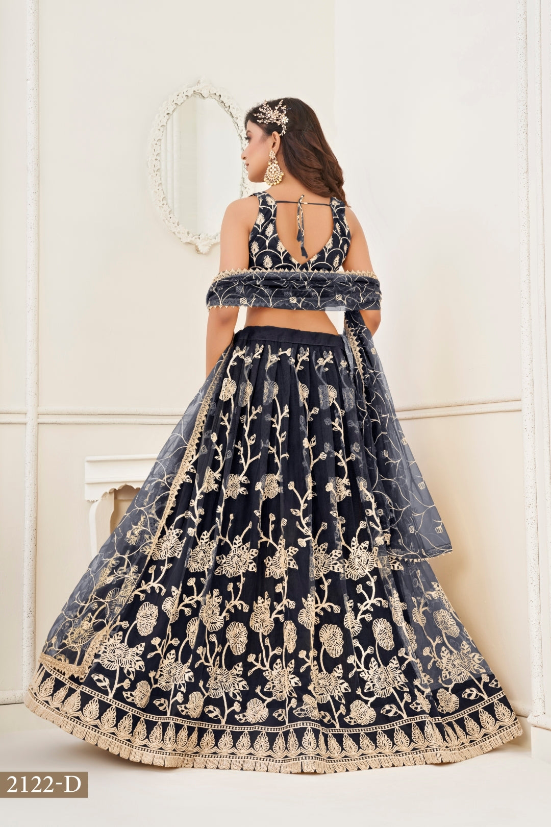 Black Butterfly Net Lehenga with White Cotton Thread Work and Sequence Embroidery Clothsvilla