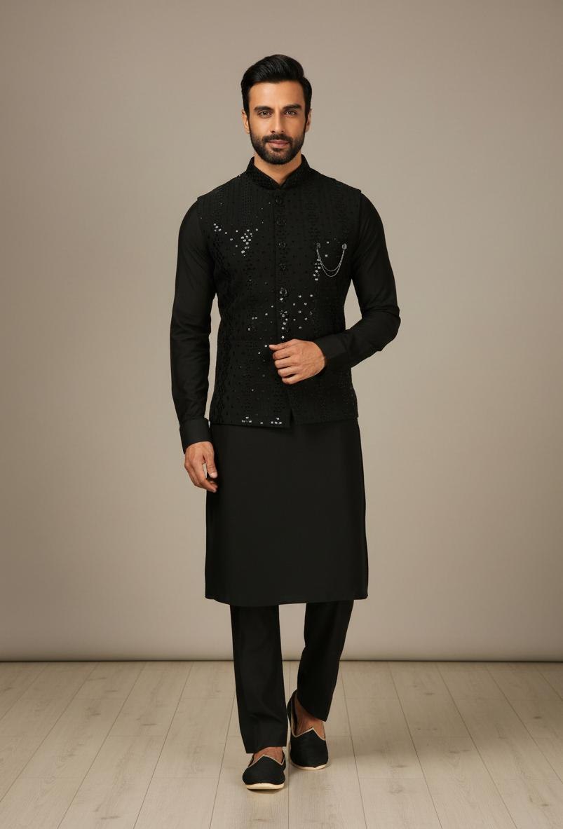 Black Chanderi Kurta Pant Set ClothsVilla