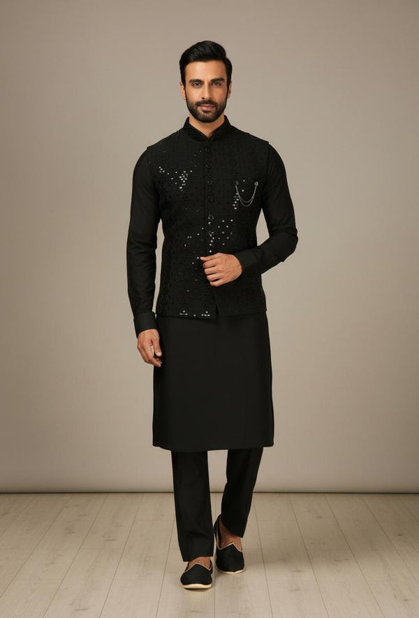 Black Chanderi Kurta Pant Set ClothsVilla