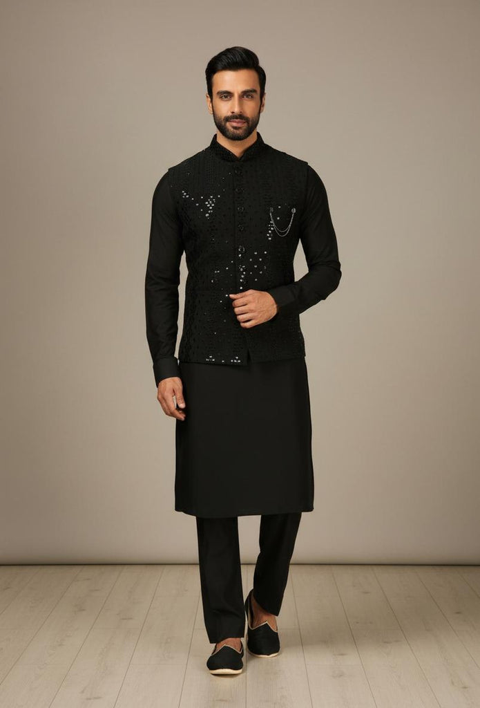 Black Chanderi Kurta Pant Set ClothsVilla