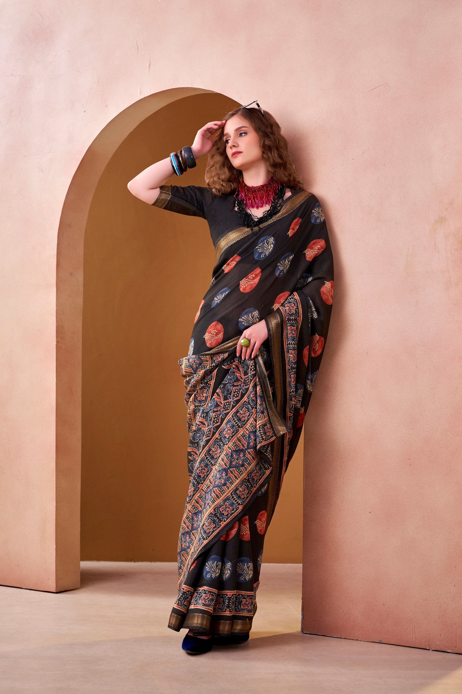 Black Chanderi Printed Saree ClothsVilla