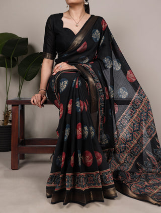 Black Chanderi Printed Saree ClothsVilla