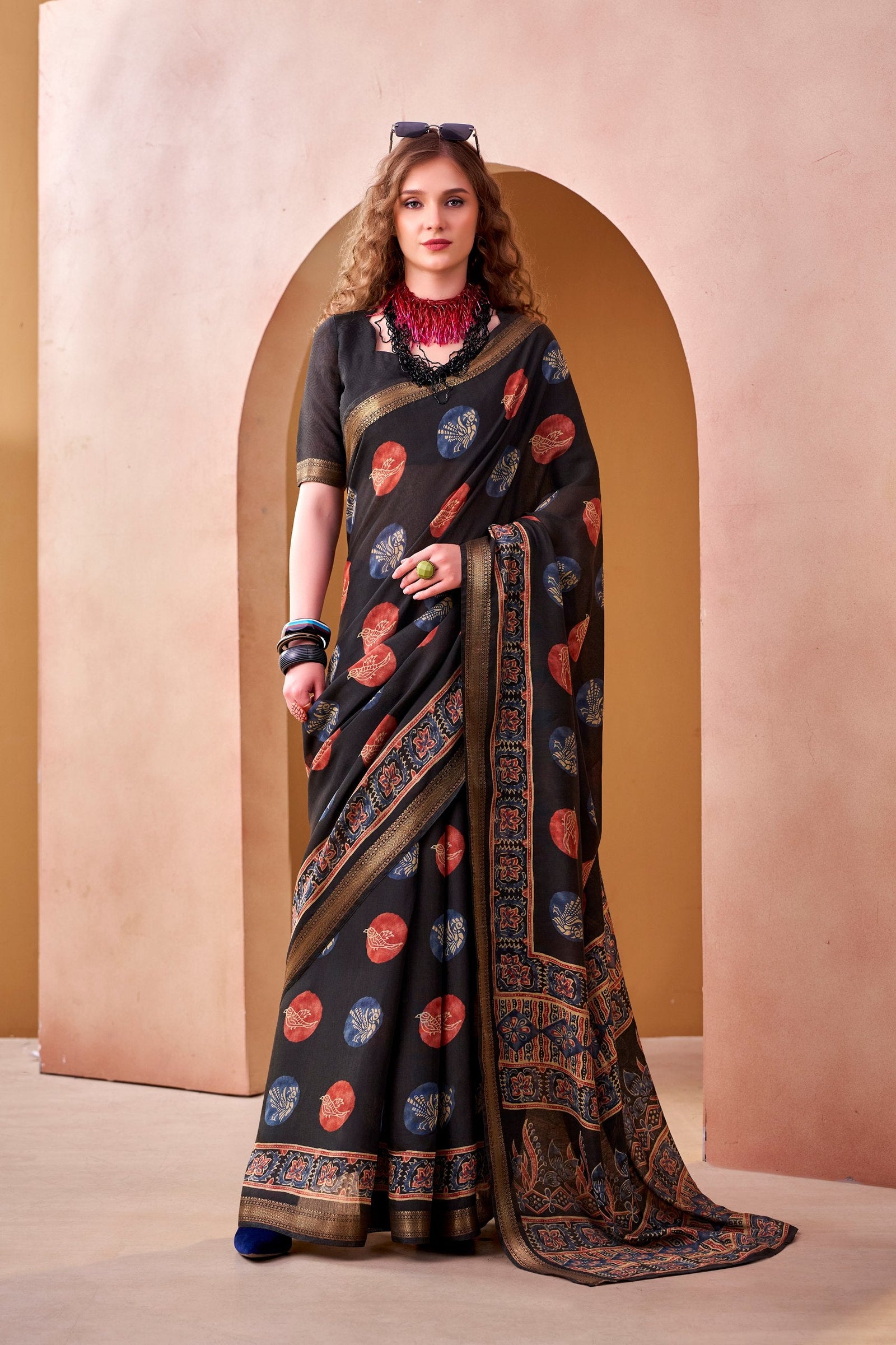 Black Chanderi Printed Saree ClothsVilla