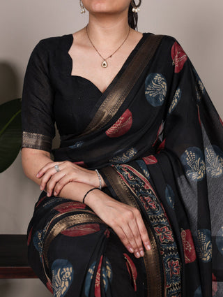 Black Chanderi Printed Saree ClothsVilla