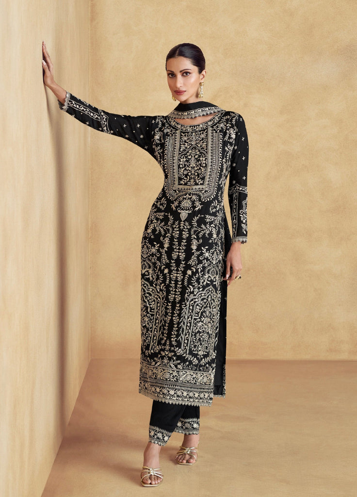 Black Chinon Embroidered Kurta Palazzo Set Festive Wear ClothsVilla