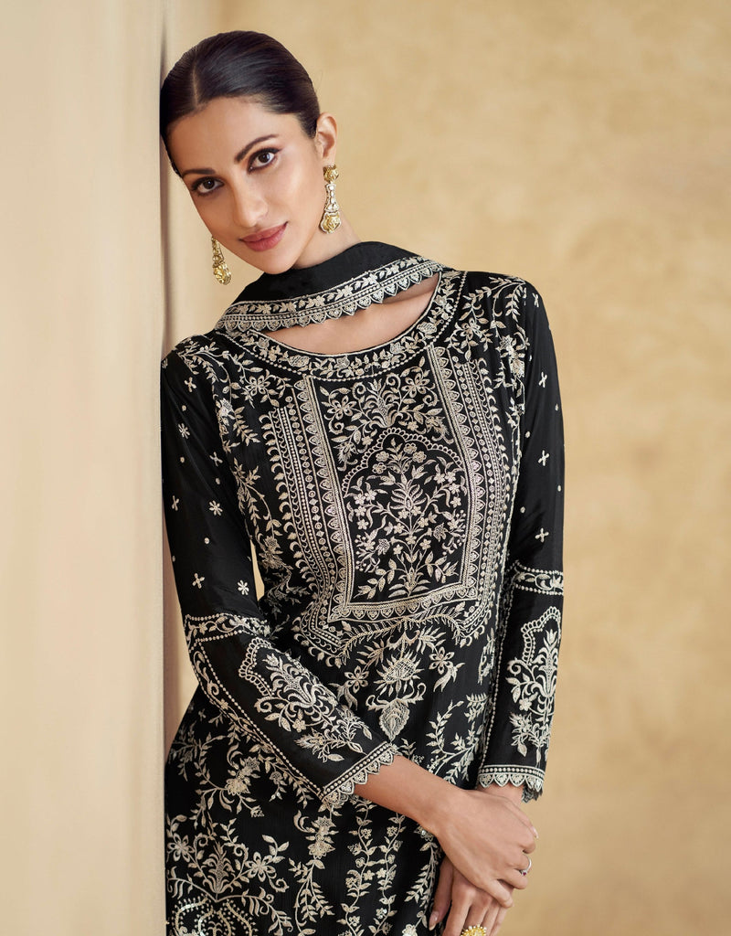 Black Chinon Embroidered Kurta Palazzo Set Festive Wear ClothsVilla