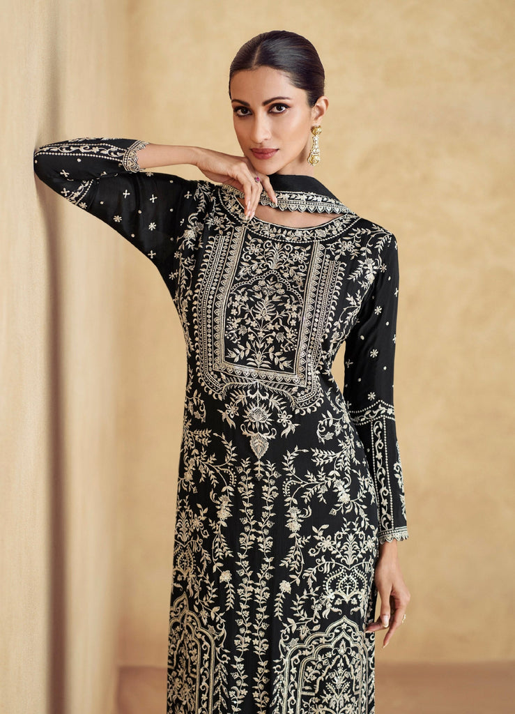 Black Chinon Embroidered Kurta Palazzo Set Festive Wear ClothsVilla