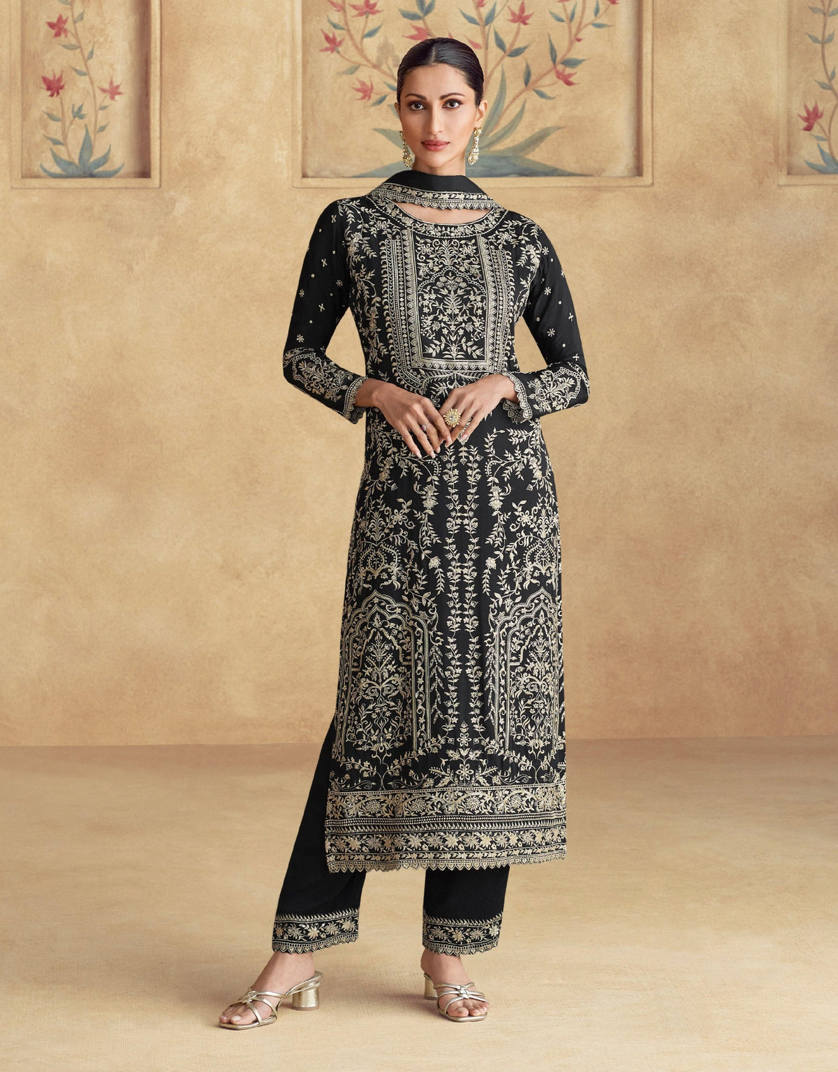 Black Chinon Embroidered Kurta Palazzo Set Festive Wear ClothsVilla Main image
