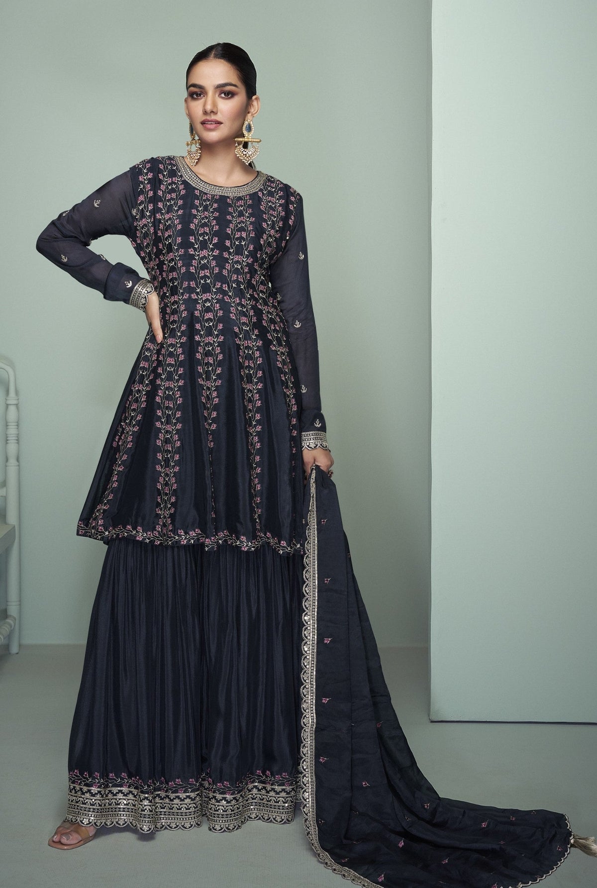 Black Chinon Embroidered Kurta Palazzo Set ClothsVilla Main image