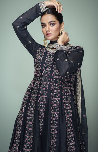 Black Chinon Embroidered Kurta Palazzo Set ClothsVilla