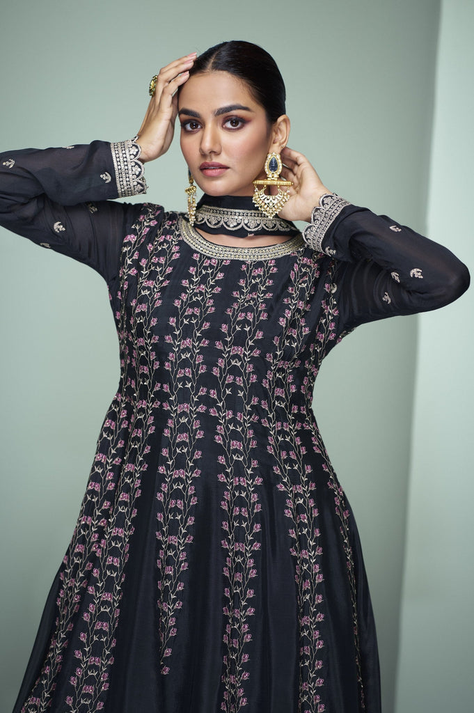 Black Chinon Embroidered Kurta Palazzo Set ClothsVilla