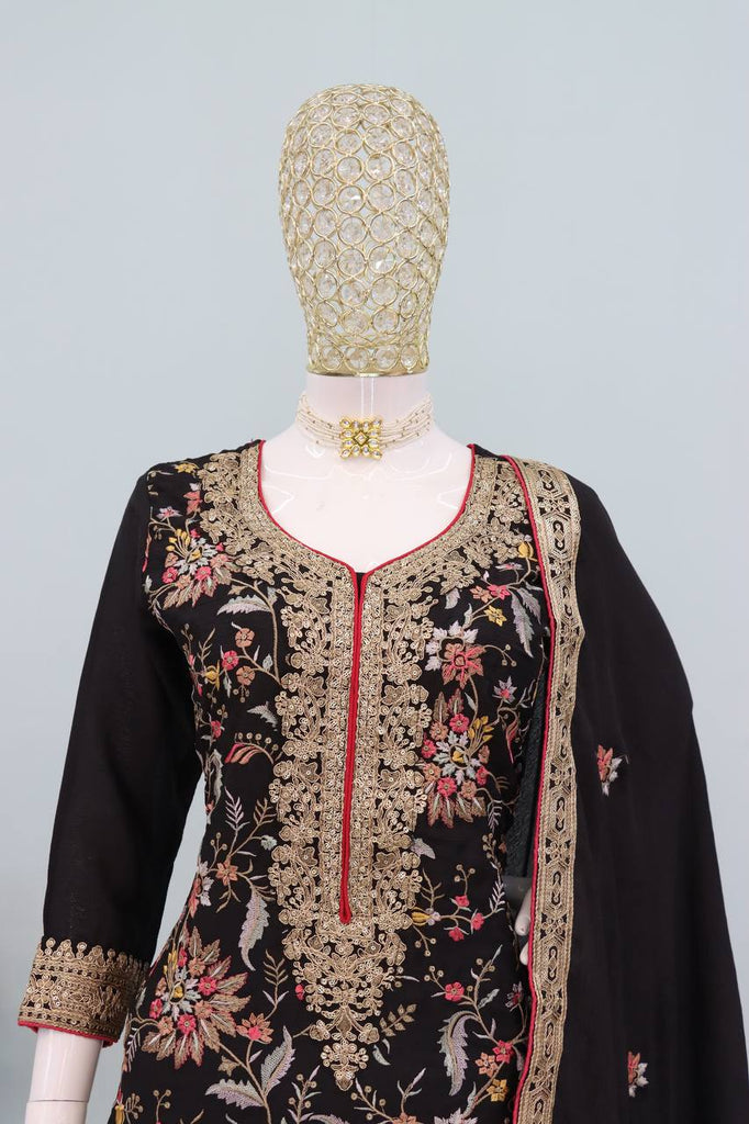 Black Chinon Embroidered Suit Set with Dupatta ClothsVilla