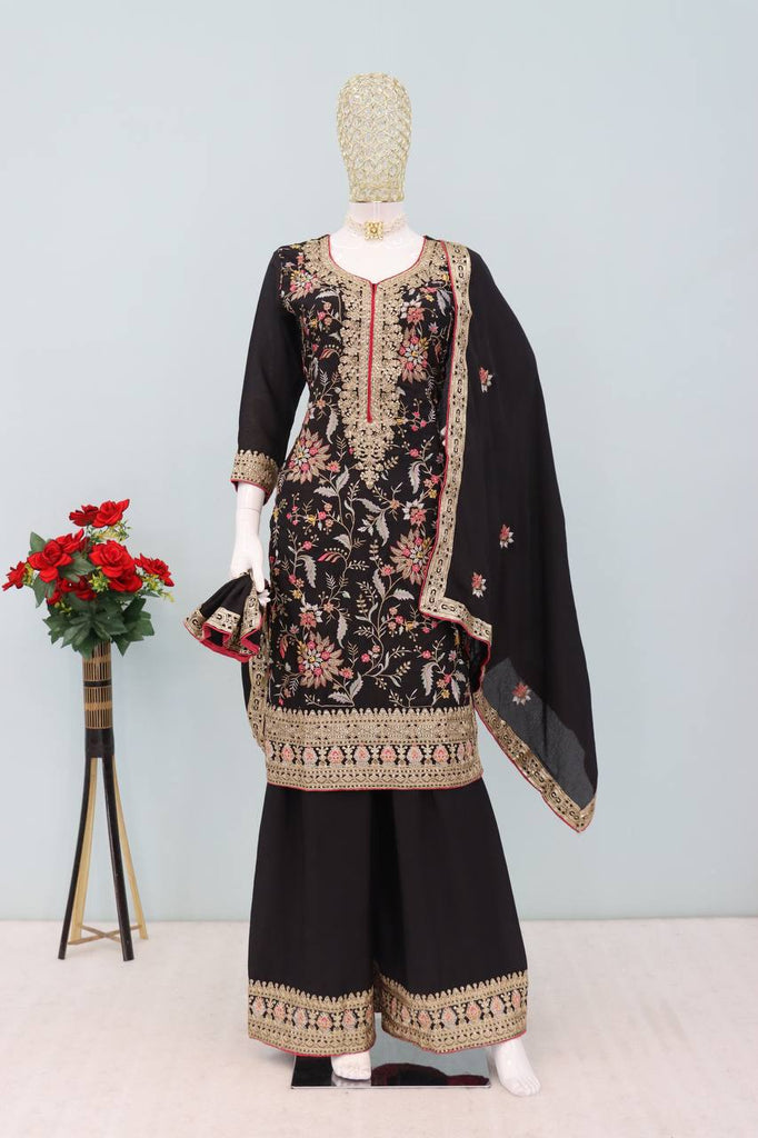 Black Chinon Embroidered Suit Set with Dupatta ClothsVilla