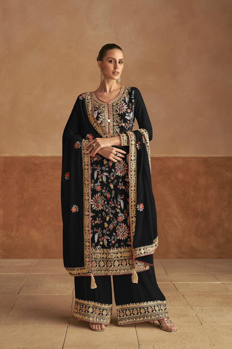 Designer Chinon Suit with All-Over Sequence Embroidery for Parties Drape Dress
