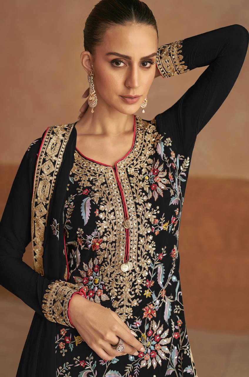 Black Chinon Embroidered Suit Set with Dupatta ClothsVilla