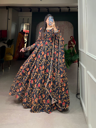 Black Color Captivate All Eyes in This Elegant Floral Printed Georgette Gown with Dupatta ClothsVilla