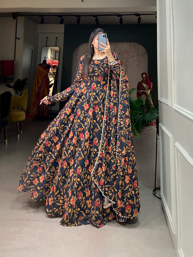 Black Color Captivate All Eyes in This Elegant Floral Printed Georgette Gown with Dupatta ClothsVilla