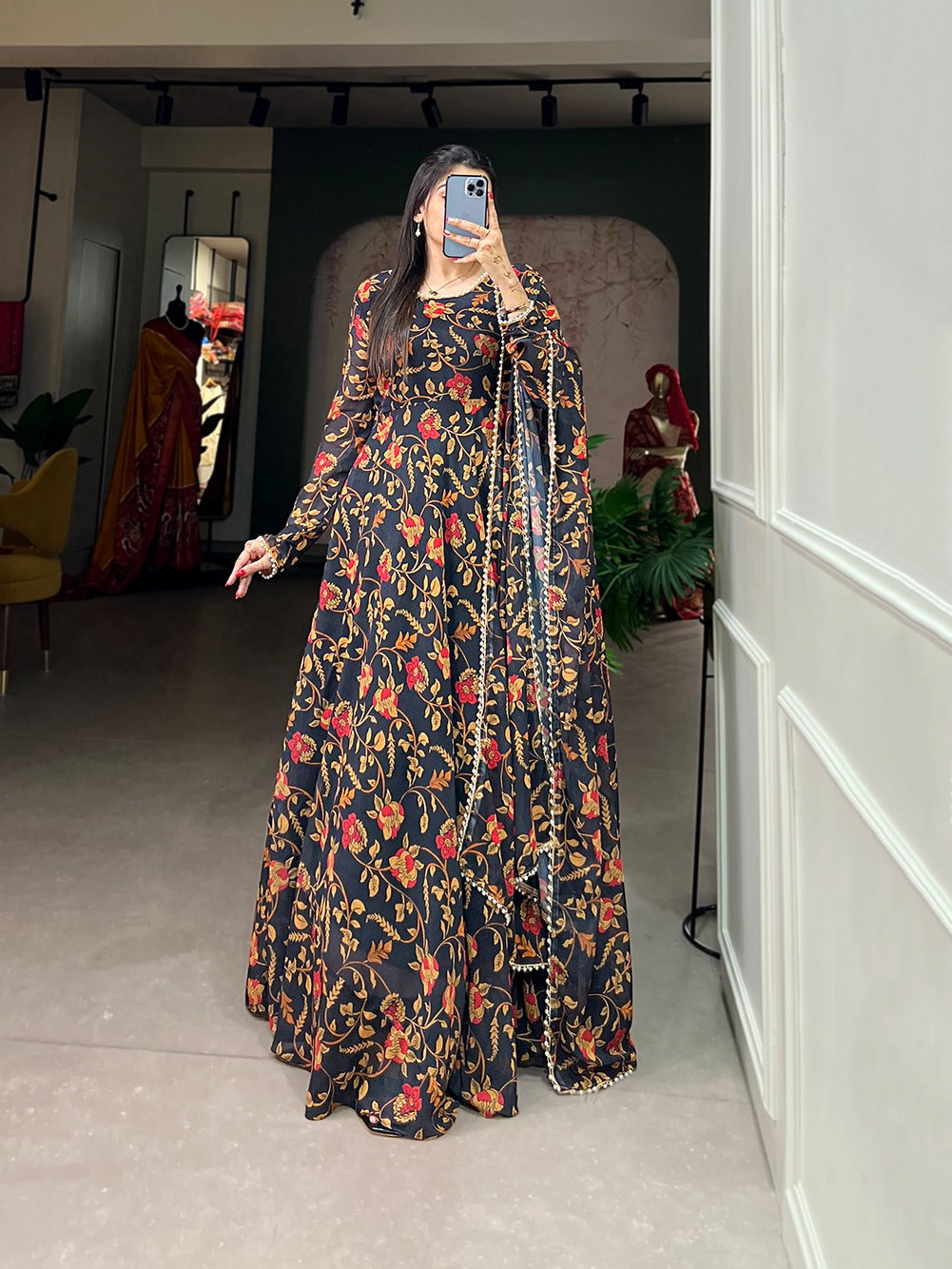 Black Color Captivate All Eyes in This Elegant Floral Printed Georgette Gown with Dupatta ClothsVilla Main image