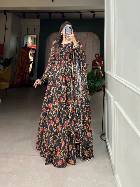 Black Color Captivate All Eyes in This Elegant Floral Printed Georgette Gown with Dupatta ClothsVilla Main image