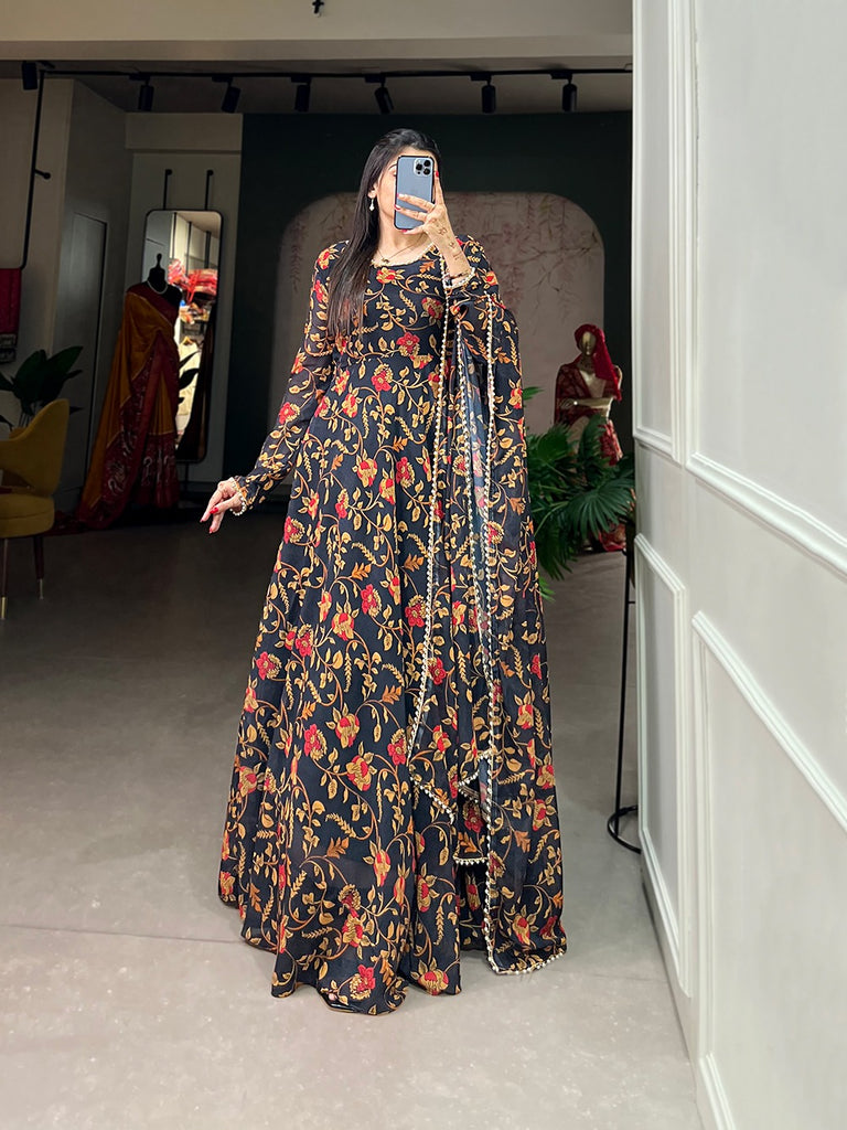 Black Color Captivate All Eyes in This Elegant Floral Printed Georgette Gown with Dupatta ClothsVilla