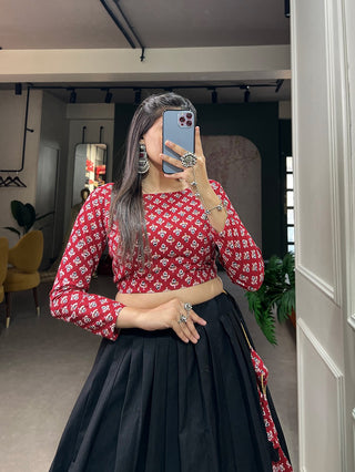 Black Color Elegant Printed Cotton Lehenga Choli Co-ord Set for Traditional Occasions ClothsVilla