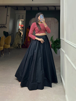Black Color Elegant Printed Cotton Lehenga Choli Co-ord Set for Traditional Occasions ClothsVilla