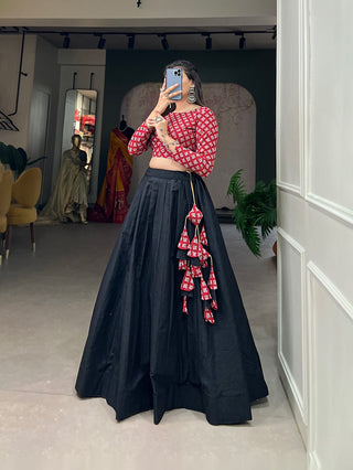 Black Color Elegant Printed Cotton Lehenga Choli Co-ord Set for Traditional Occasions ClothsVilla