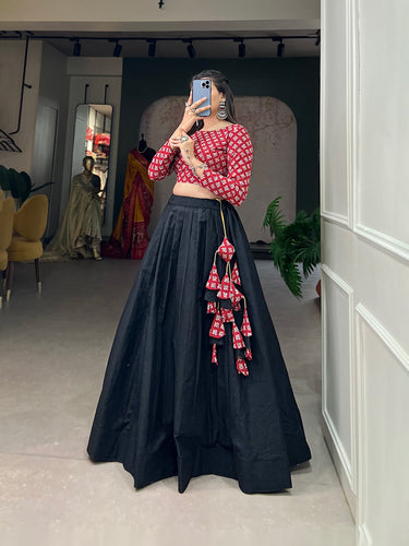 Black Color Elegant Printed Cotton Lehenga Choli Co-ord Set for Traditional Occasions ClothsVilla