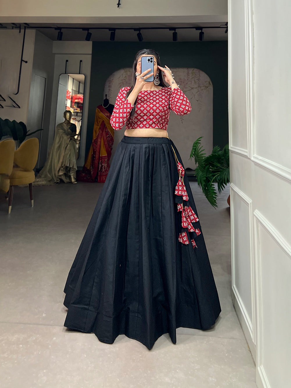 Black Color Elegant Printed Cotton Lehenga Choli Co-ord Set for Traditional Occasions ClothsVilla