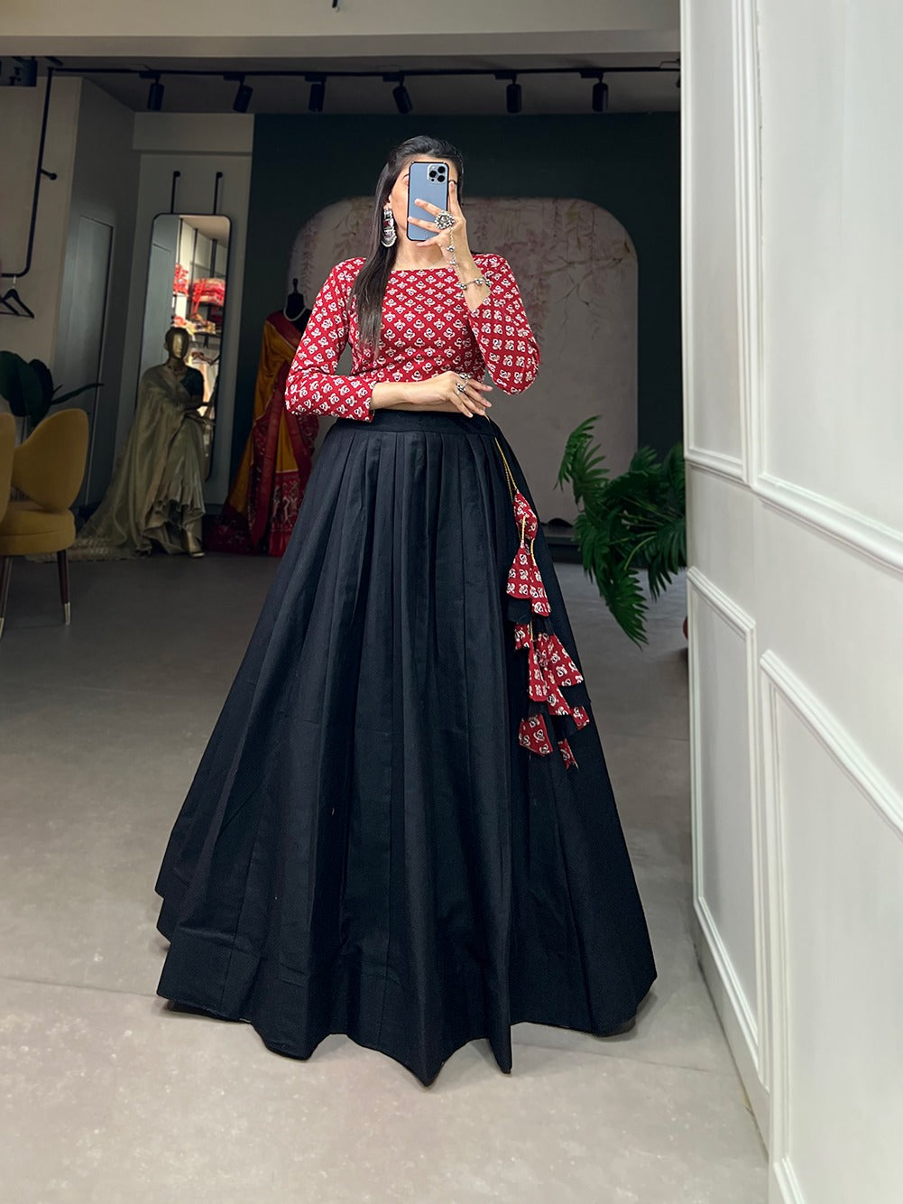 Black Color Elegant Printed Cotton Lehenga Choli Co-ord Set for Traditional Occasions ClothsVilla