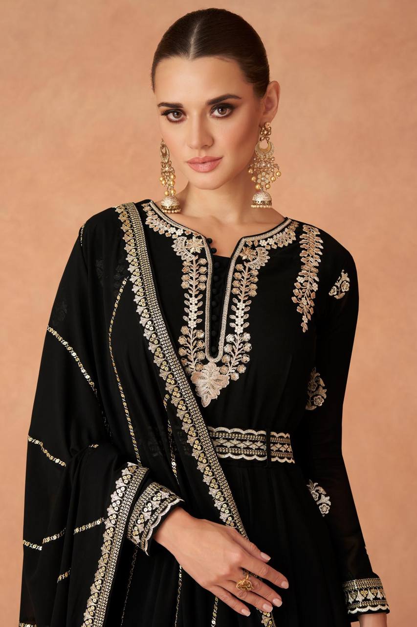 Black Color Exquisitely Embroidered Faux Georgette Gown with Matching Belt and Dupatta ClothsVilla
