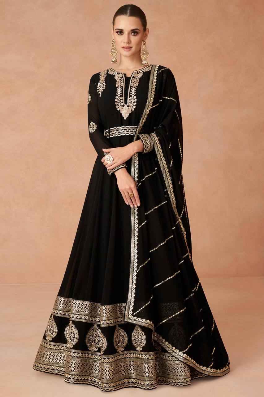 Black Color Exquisitely Embroidered Faux Georgette Gown with Matching Belt and Dupatta ClothsVilla Main image