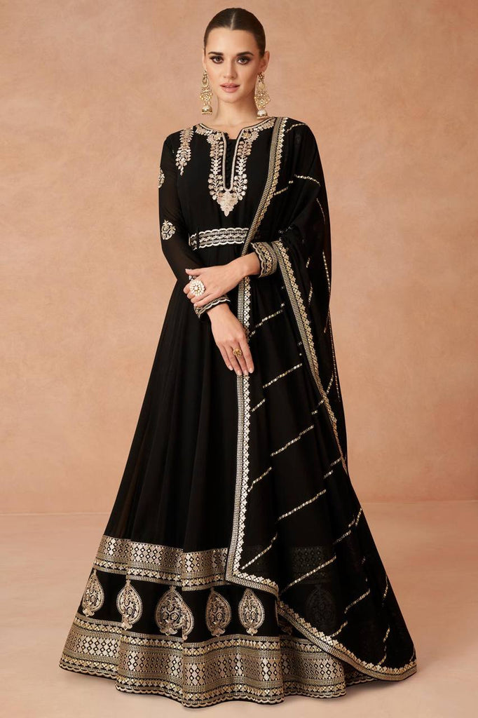 Black Color Exquisitely Embroidered Faux Georgette Gown with Matching Belt and Dupatta ClothsVilla