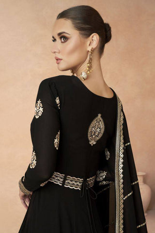 Black Color Exquisitely Embroidered Faux Georgette Gown with Matching Belt and Dupatta ClothsVilla