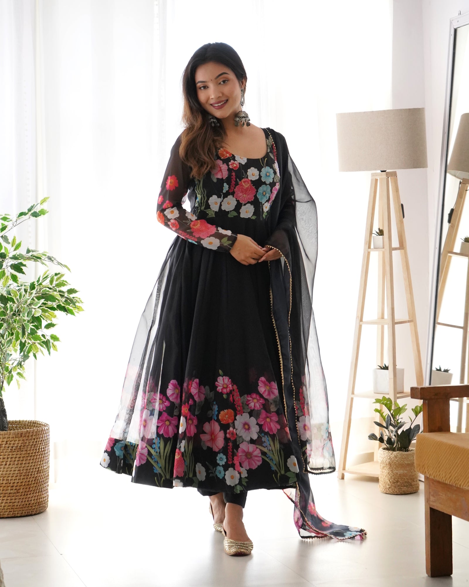 Black Color Floral Organza Anarkali Suit Set for Festivals & Weddings ClothsVilla