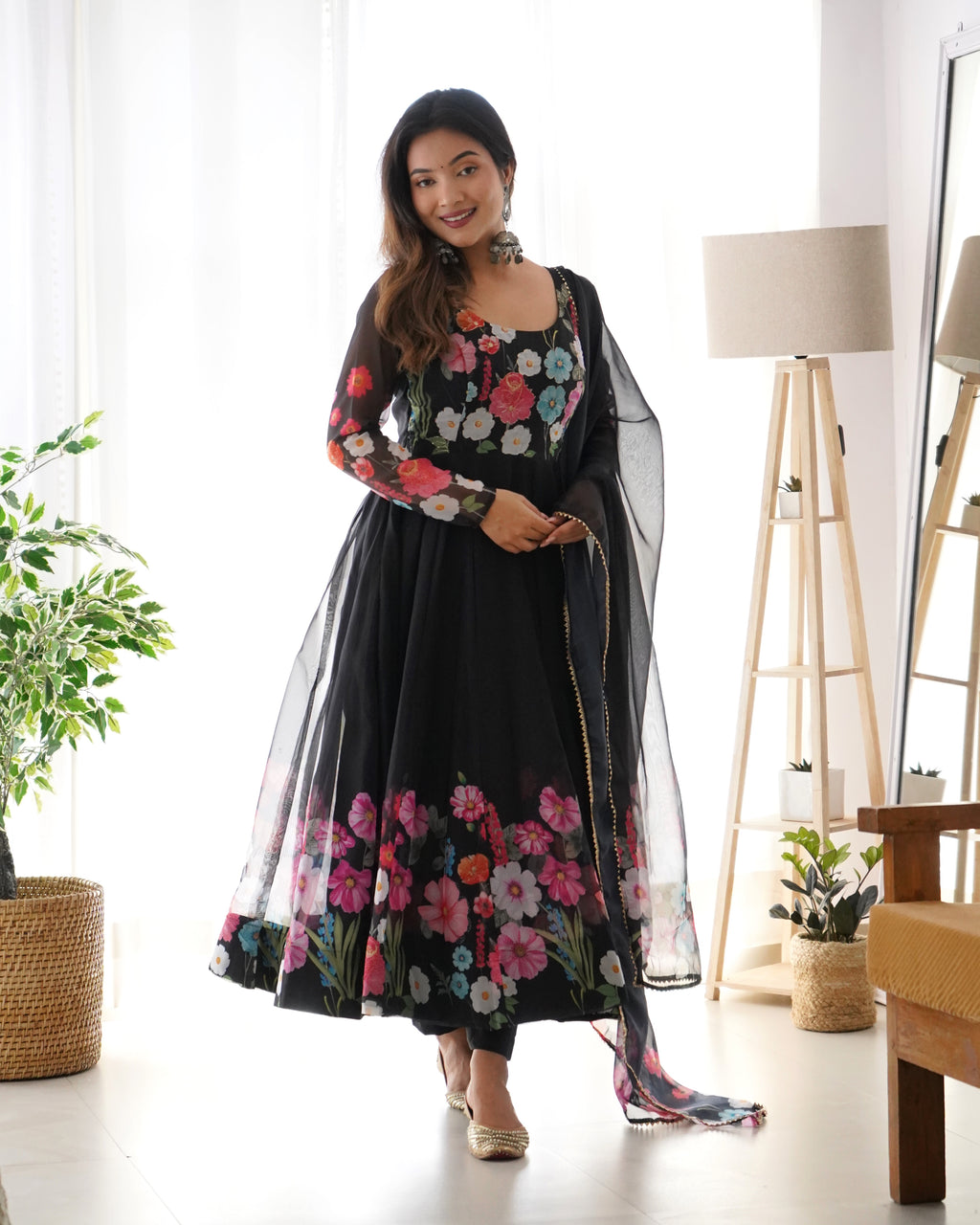 Black Color Floral Organza Anarkali Suit Set for Festivals & Weddings ClothsVilla