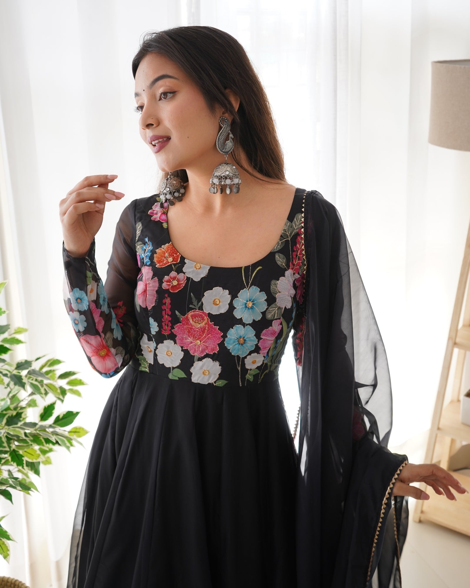 Black Color Floral Organza Anarkali Suit Set for Festivals & Weddings ClothsVilla