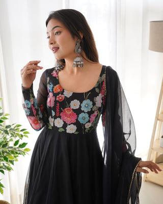 Black Color Floral Organza Anarkali Suit Set for Festivals & Weddings ClothsVilla