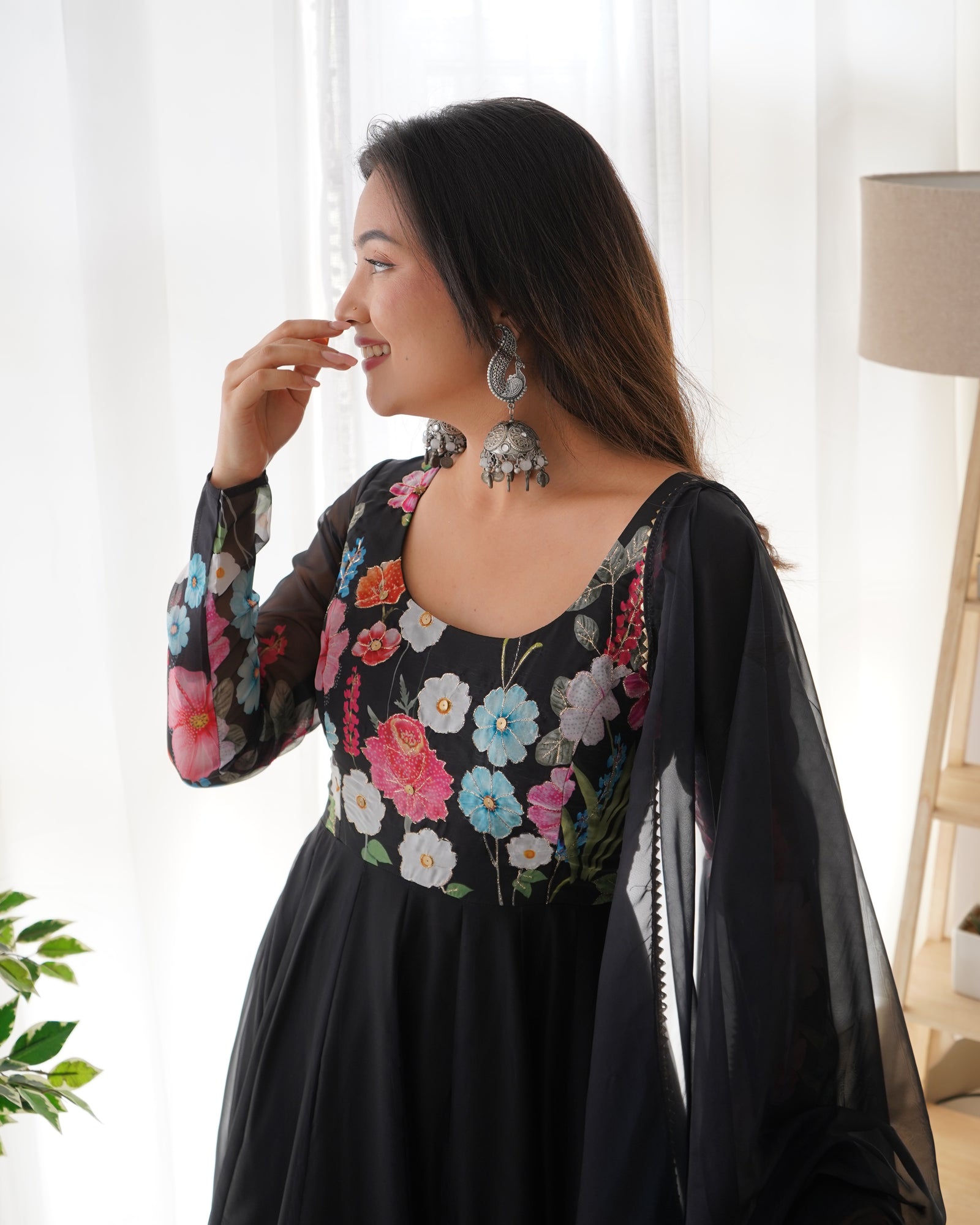 Black Color Floral Organza Anarkali Suit Set for Festivals & Weddings ClothsVilla
