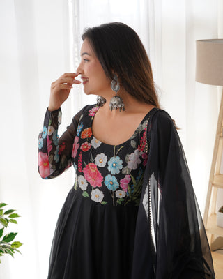 Black Color Floral Organza Anarkali Suit Set for Festivals & Weddings ClothsVilla